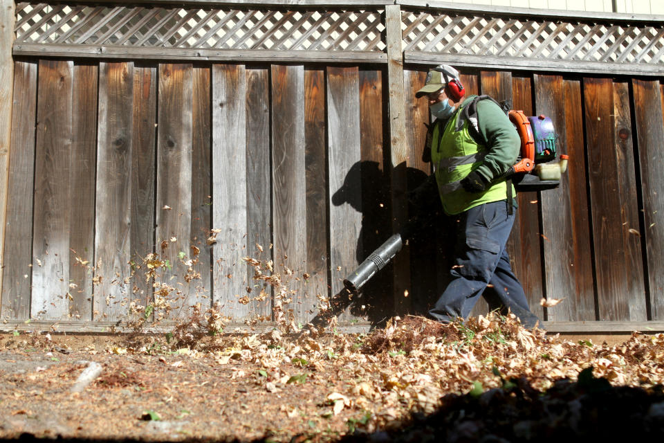 DUBLIN, CA -  OCTOBER 14: Pedro Ortiz from Allied Landscaping uses a gasoline-powered leaf blower to clear leaves and gardening debris in a Dublin townhome community on Thursday, October 14, 2021. Last Saturday, Governor Gavin Newsom signed a first-in-the-nation law to require new small-engine equipment used in landscaping to emit zero pollution  meaning battery-operated or plug-in models only  by as early as Jan. 1, 2024.  (Photo by Sarah Dussault/MediaNews Group/The Mercury News via Getty Images)