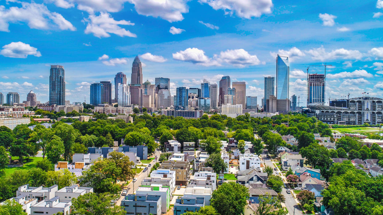 Drone Aerial of Downtown Charlotte, North Carolina, NC, USA Skyline.