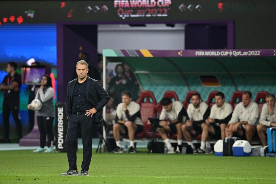 Germany head coach Hansi Flick reacts during his side’s loss to Japan (Getty Images)