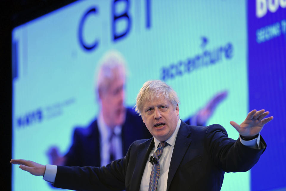 Britain's Prime Minister Boris Johnson speaking at the Confederation of British Industry (CBI) annual conference in London, Monday Nov. 18, 2019. Britain's Brexit is one of the main issues for political parties and for voters, as the UK goes to the polls in a General Election on Dec. 12. (Stefan Rousseau/PA via AP)