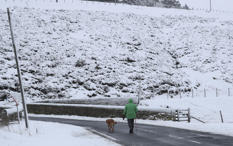 A member of the public is seen walking with a dog in the snow covered landscape at Allenheads, England, Sunday, Feb. 7, 2021. Snow has swept across the region Sunday, with further snowfall predicted to impact on the country bringing travel problems as temperatures drop. (AP Photo/Scott Heppell)