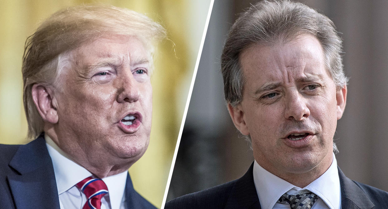 President Trump and former MI6 agent Christopher Steele. (Photos: Zach Gibson/Pool via Bloomberg/Getty Images, Victoria Jones/PA Images via Getty Images)