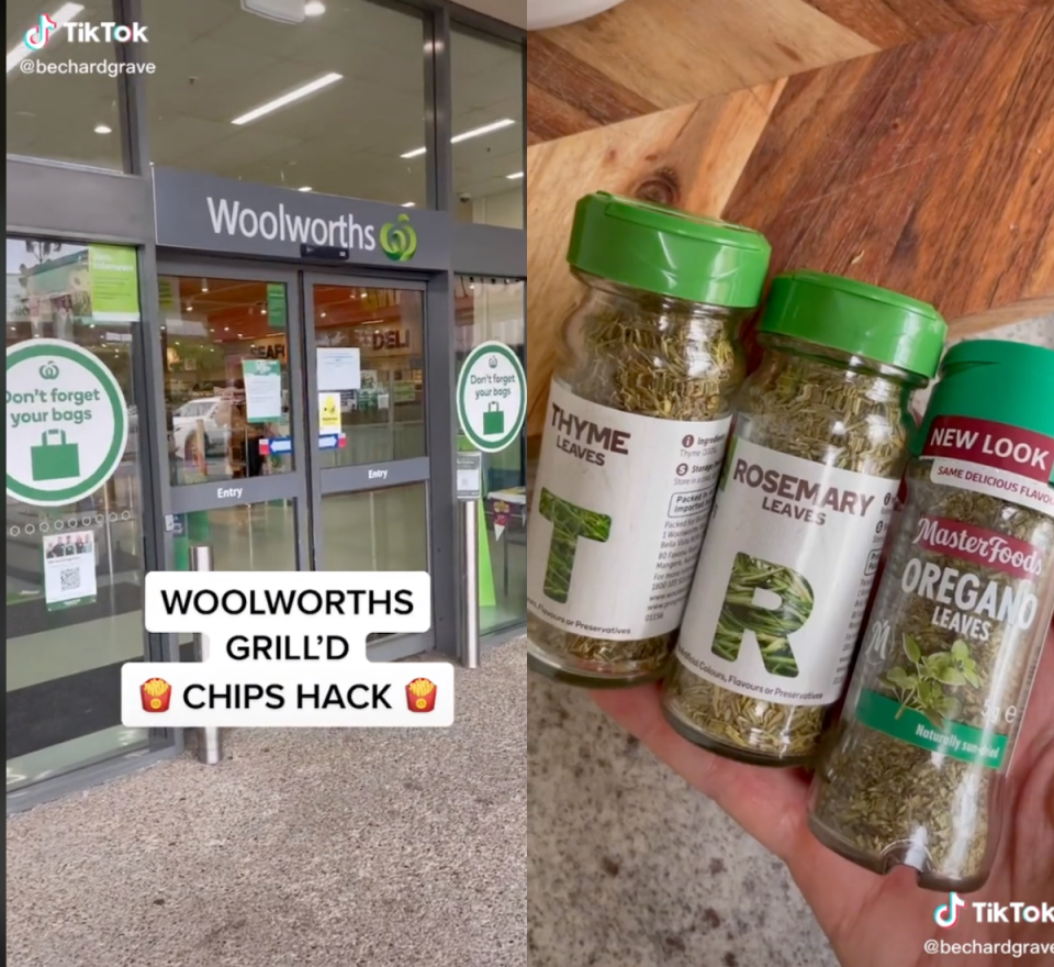 Screenshots from the Woolworth Grill'd chips TikTok hack showing the herbs