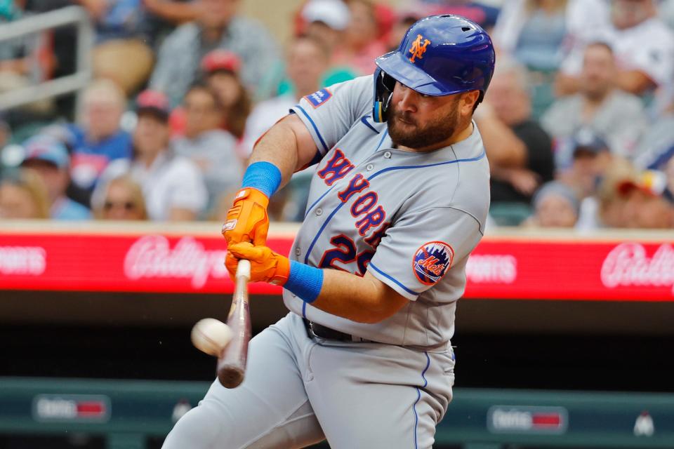 Sep 9, 2023; Minneapolis, Minnesota, USA; New York Mets right fielder DJ Stewart (29) hits a solo home run against the Minnesota Twins in the eighth inning at Target Field.