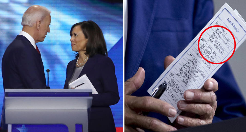 Former Vice President Joe Biden and Senator Kamala Harris seen on stage.