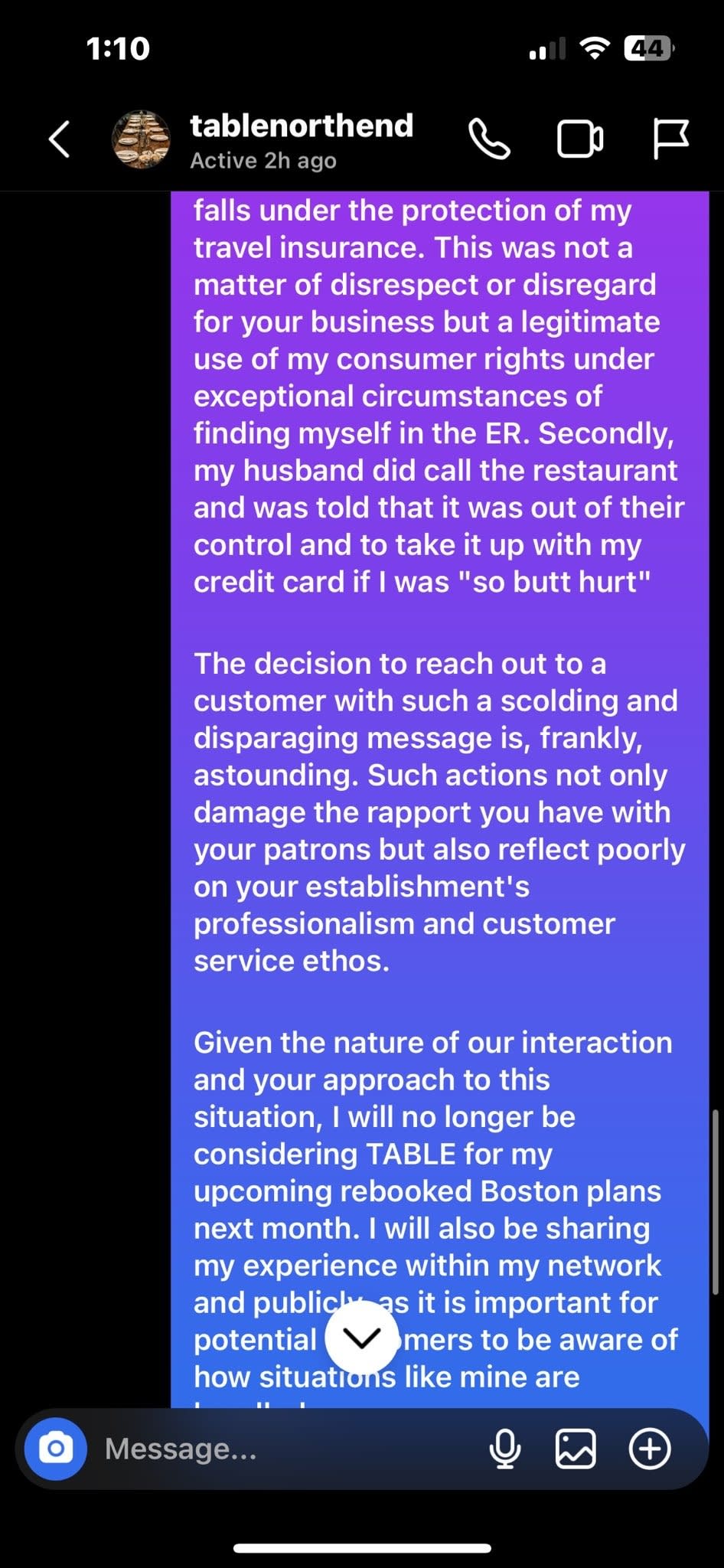 a message from trevor to jen detailing that his husband had called the restaurant