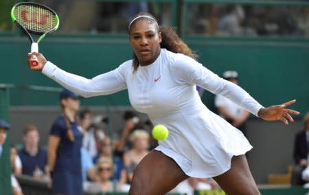 FILE PHOTO: Serena Williams of the U.S. in action at Wimbledon, London, Britain - July 14, 2018.  REUTERS/Toby Melville/File Photo