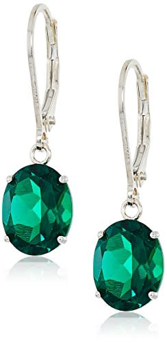 Amazon Collection 925 Sterling Silver 8 x 10mm Oval May Birthstone Created Emerald Dangle Earrings for Women with Leverbackss