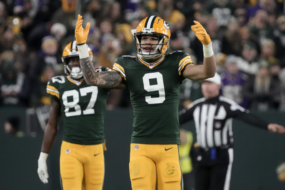 Green Bay Packers wide receiver Christian Watson (9) reacts during the second half of an NFL football game against the Minnesota Vikings, Sunday, Jan. 1, 2023, in Green Bay, Wis. (AP Photo/Morry Gash)