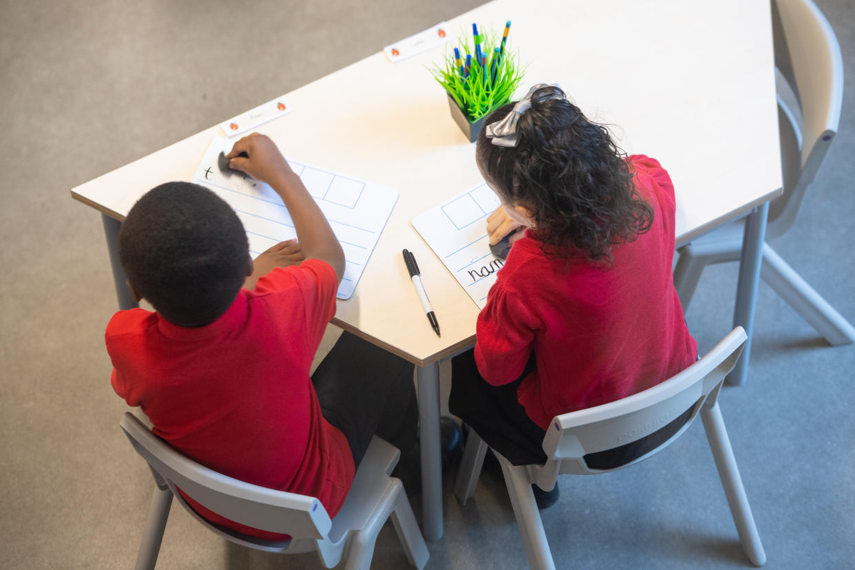 Pupils on the first day back to school at Charles Dickens Primary School in London, as schools in England reopen to pupils following the coronavirus lockdown. Approximately 40% of schools are expected to welcome back students for the start of the autumn term today, despite concerns being raised about their ability to reopen safely.