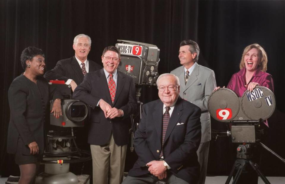 Janet England, at right, poses with a group of Charlotte TV news legends in 2002. From left, the others are: Beatrice Thompson, Cullen Ferguson, Bob Inman, Doug Mayes and Larry Sprinkle.