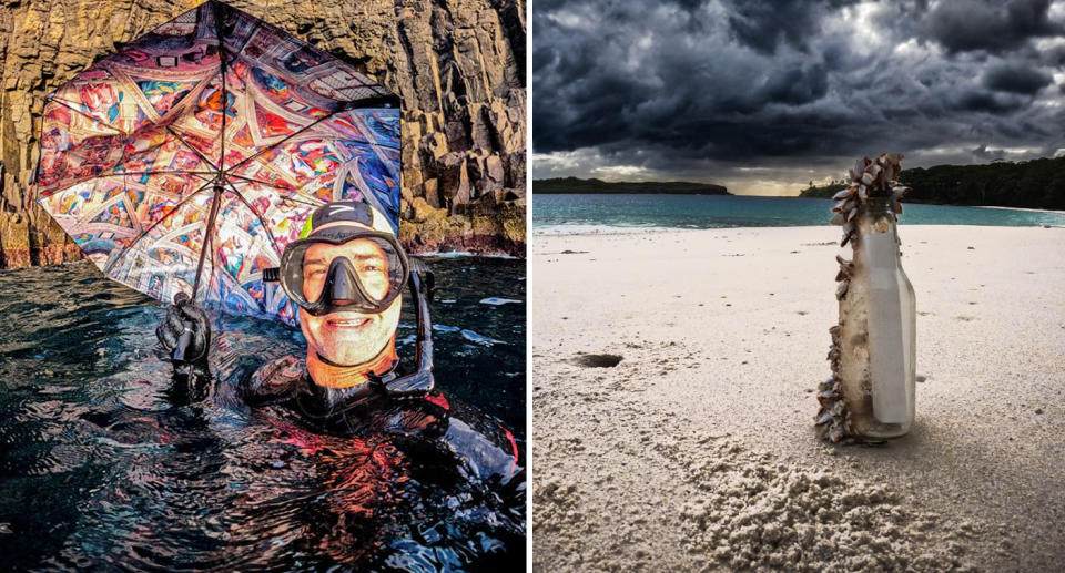 Left, Scott Gutterson can be seen wearing a wet suit with snorkel gear on, holding an umbrella he found in the ocean. Right, the message in the bottle can be seen on the beach where it was found. 