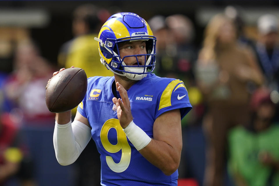 Los Angeles Rams quarterback Matthew Stafford passes during the first half of an NFL football game against the against the San Francisco 49ers Sunday, Oct. 30, 2022, in Inglewood, Calif. (AP Photo/Gregory Bull)