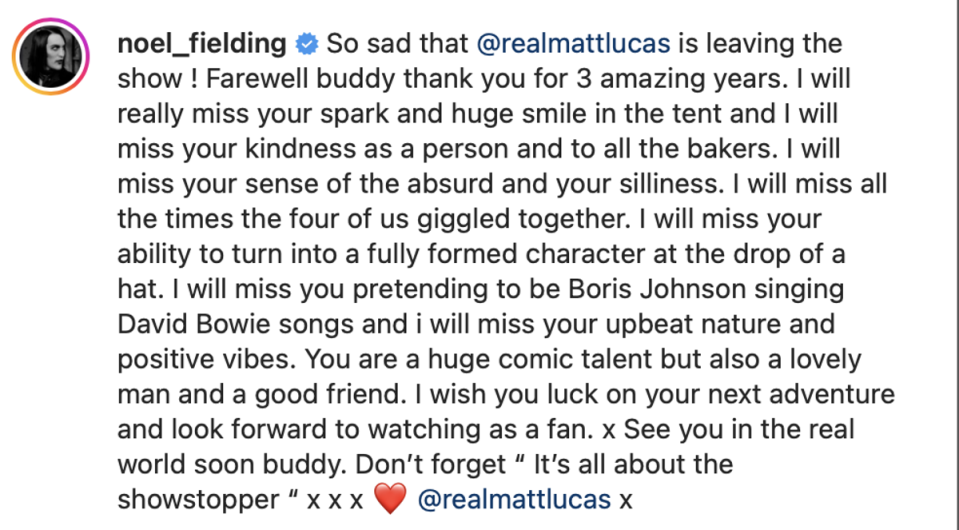 Noel Fielding says he will ‘miss’ his ‘GBBO’ co-host Matt Lucas (Instagram)