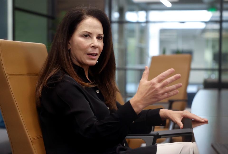 No Labels CEO Nancy Jacobson talks with the Deseret News editorial board at the Deseret News offices in Salt Lake City on Thursday, Aug. 24, 2023. | Kristin Murphy, Deseret News