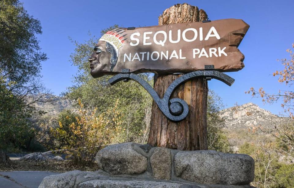 The Sequoia National Park entrance sign, which features a large Indian head and is carved from giant sequoia wood, stands near the south entrance to the park.