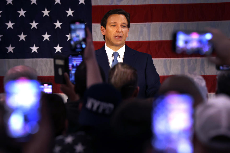 Florida Gov. Ron DeSantis speaks to a group of police officers on Feb. 20, 2023, on Staten Island, New York. / Credit: Spencer Platt / Getty Images