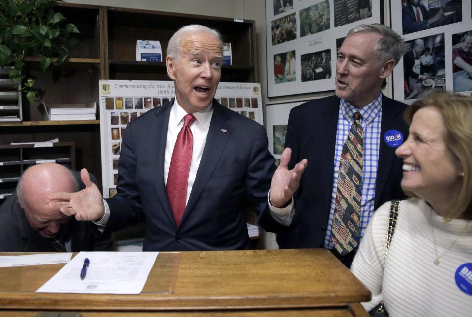 Democratic presidential candidate former Vice President Joe Biden speaks to the media as he files to have his name listed on the New Hampshire primary ballot, Friday, Nov. 8, 2019, in Concord, N.H. (AP Photo/Charles Krupa)