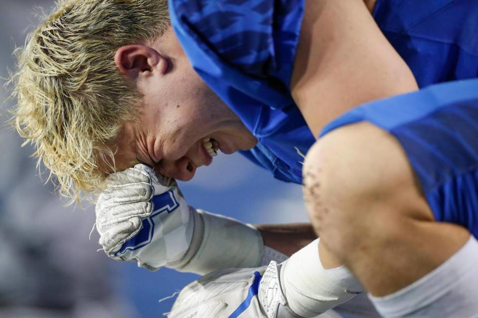 Lexington Christian’s Johnny Drake (11) is overcome with emotion late in the fourth quarter. The Eagles were defeated by Beechwood in the state title game for the second year in a row.