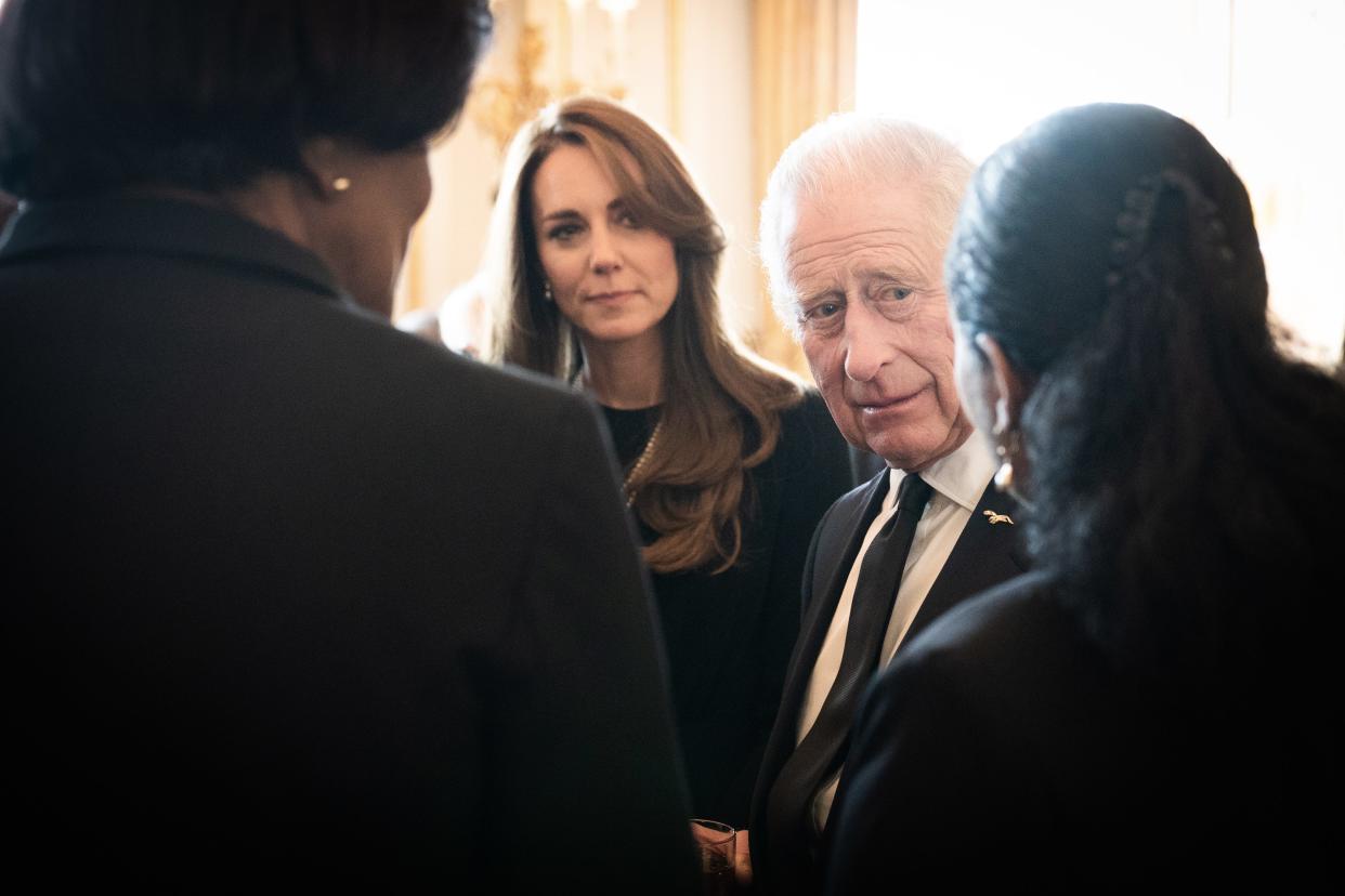 King Charles III and Catherine, Princess of Wales, during a lunch held for governors-general of the Commonwealth nations at Buckingham Palace on Sept. 17, 2022, in London.