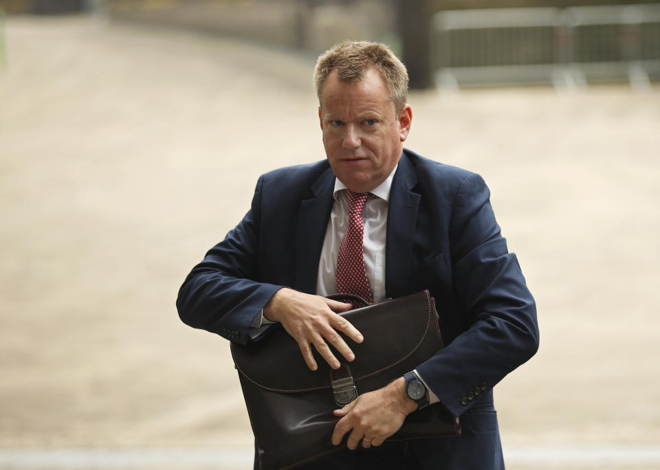 FILE - In this file photo dated Monday, Oct. 7, 2019, United Kingdom's Brexit advisor David Frost arrives at EU headquarters for a technical meeting on Brexit, in Brussels. Britain’s chief Brexit negotiator Frost is quoted in a newspaper Sunday Sept. 6, 2020, saying Britain wants “to get back the powers to control our borders and that is the most important thing”, as he talks tough ahead of crucial Brexit trade talks, saying the U.K. was “not afraid to walk away.” (AP Photo/Francisco Seco, FILE)