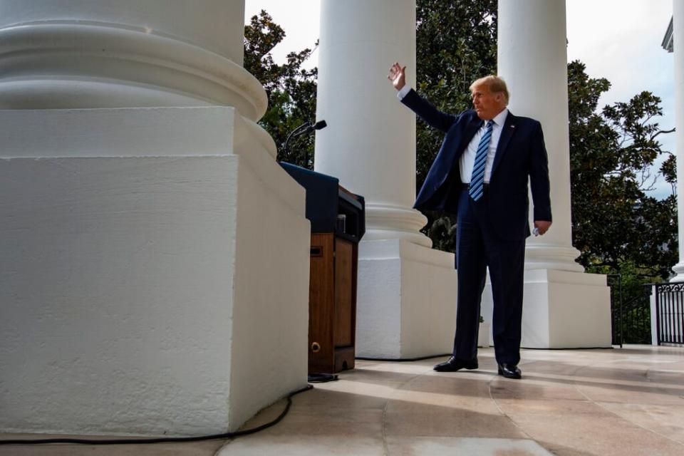 U.S. President Donald Trump waves after addressing a rally in support of law and order on the South Lawn of the White House on October 10, 2020 in Washington, DC. (Photo by Samuel Corum/Getty Images)