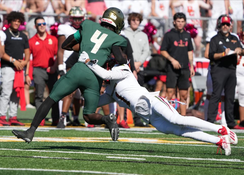 John Forster of St. Joseph's is tackled by Kaj Sanders of Bergen Catholic in the second quarter as St. Joseph, No. 9 in the USA TODAY NETWORK New Jersey football Top 25, hosted No. 3 Bergen Catholic in Montvale, NJ on October 15, 2022.