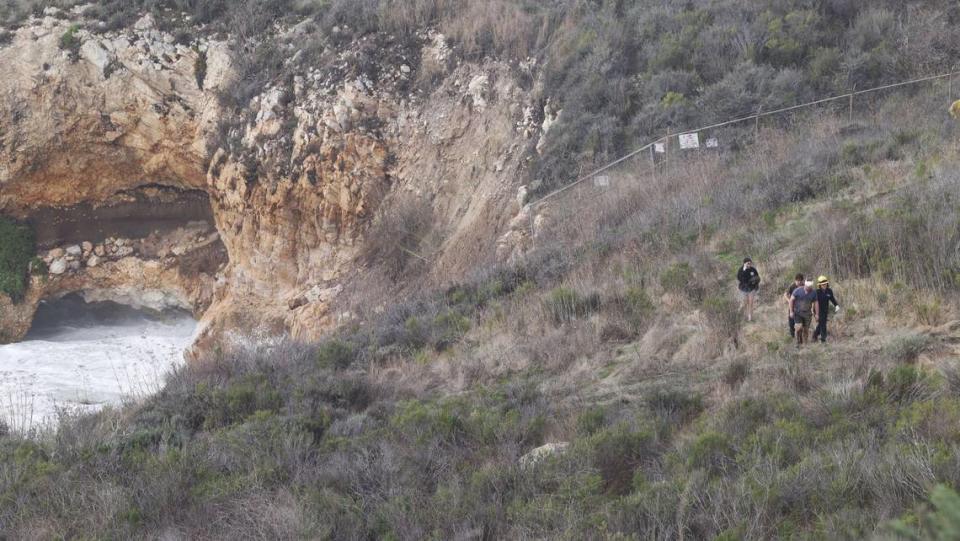 A man who was trapped off the side of a cliff at Pirate’s Cove on Dec. 28, 2023, was rescued by Cal Fire and multiple emergency responders. The man could be seen with a bandaged head as he was escorted away from the rescue area.