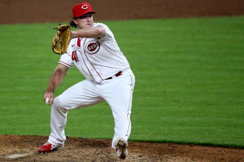 Cincinnati Reds starting pitcher Carson Fulmer (41) delivers in the ninth inning during a baseball game against the San Francisco Giants, Wednesday, May 19, 2021, at Great American Ball Park in Cincinnati. The San Francisco Giants won, 4-0. 