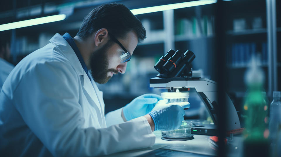 A lab scientist peering into a microscope focused on gene editing technology.