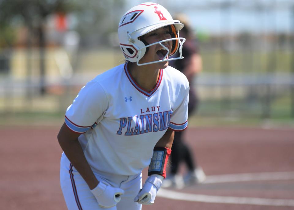 Monterey's Haily Montemayor reacts after hitting a triple against Aledo in Game 2 of their Region I-5A final series Friday, May 27, 2022, at Poly Wells Field in Abilene.