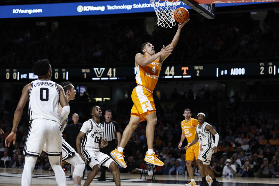 Tennessee guard Tyreke Key (4) shoots against Vanderbilt during the second half of an NCAA college basketball game Wednesday, Feb. 8, 2023, in Nashville, Tenn. (AP Photo/Wade Payne)