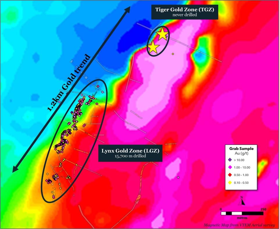 Location of the Tiger Gold Zone along the Lynx Gold Trend