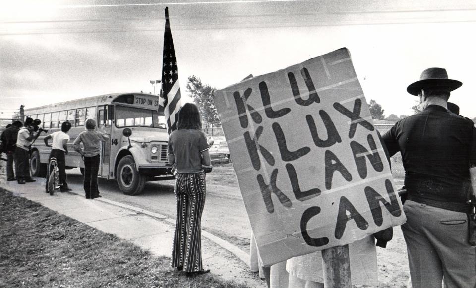 The Ku Klux Klan shows its presence during anti-busing action on Sept. 11, 1971, the same year members of the group assaulted Willow Run High School's Brownlee.