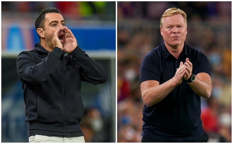 Xavi Hernández dirigiendo al Al Sadd de Qatar y Ronald Koeman durante el partido entre el Barcelona y el Bayern de Múnich. (Foto: Xinhua / Nikku / Getty Images / Quality Sport Images / Getty Images).