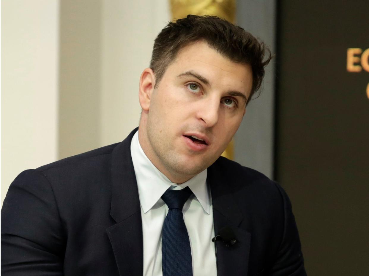 In this Monday, March 13, 2017, photo, Airbnb co-founder and CEO Brian Chesky is interviewed during a luncheon meeting of the Economic Club of New York.