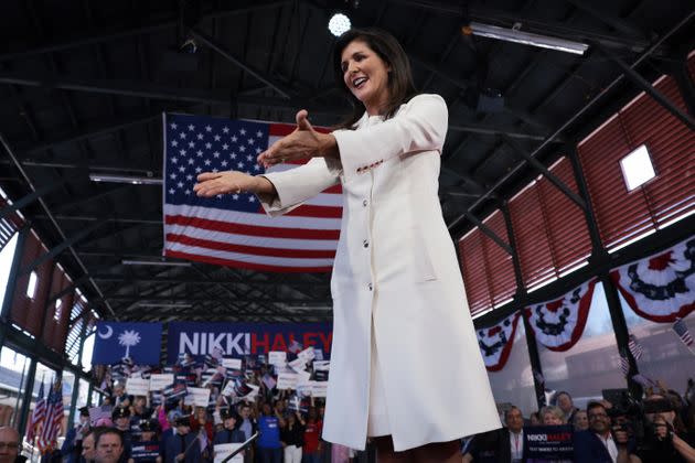 Republican presidential candidate Nikki Haley gestures to family members while arriving at her first campaign event on Feb. 15, 2023, in Charleston, South Carolina. She is the first Republican opponent to challenge former President Donald Trump.