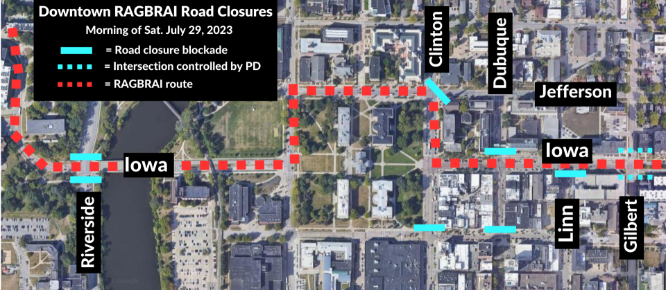 The impact of the RAGBRAI 50 route on travel in downtown Iowa City.