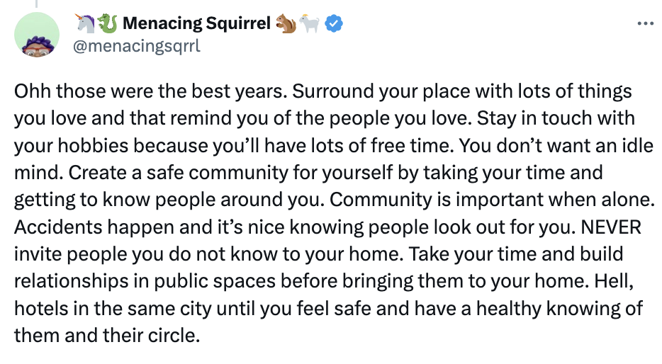 Screenshot of a tweet saying, "Surround your place with lots of things you love and that remind you of the people you love."