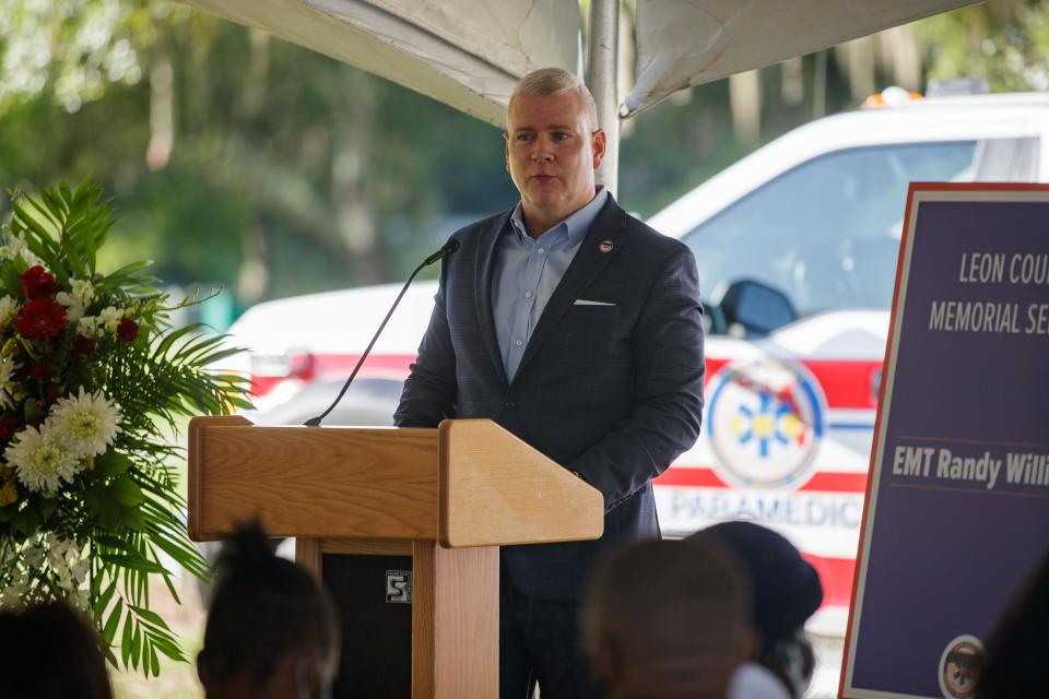 Leon County Administrator Vince Long addresses the crowd gathered to honor EMT Randy Williams with a memorial service Wednesday, Aug. 25, 2021.