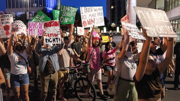 PHOTO: Abortion rights activists march after demonstrating outside of Evo A. DeConcini U.S. Federal Courthouse,  in Tucson, Arizona, May 3, 2022. (Rebecca Noble/Reuters, FILE)