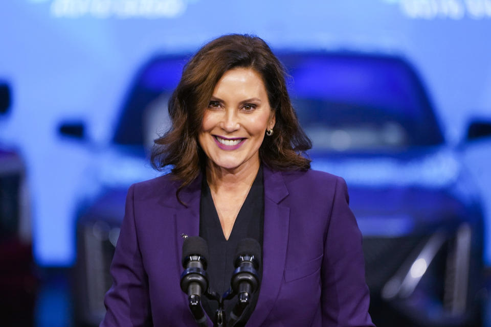 FILE - Michigan Gov. Gretchen Whitmer speaks at the North American International Auto Show in Detroit, Sept. 14, 2022. (AP Photo/Paul Sancya, File)