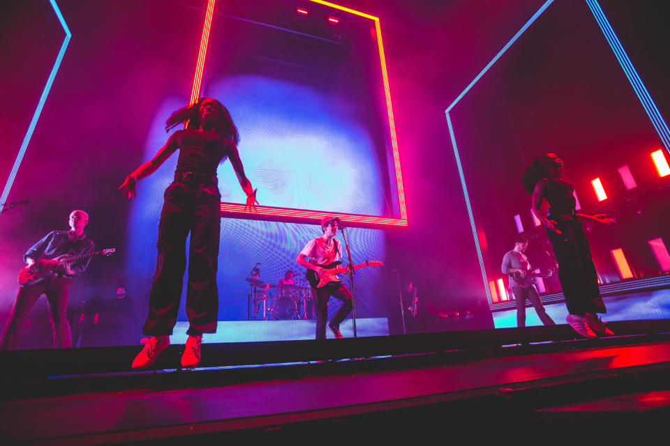 Birmingham, UK. January 23, 2019 - Matty Healy, Adam Hann, Ross McDonald and George Daniel, of The 1975, perform at the Arena in Birmingham, 2019, on their UK tour Credit: Myles Wright/ZUMA Wire/Alamy Live News