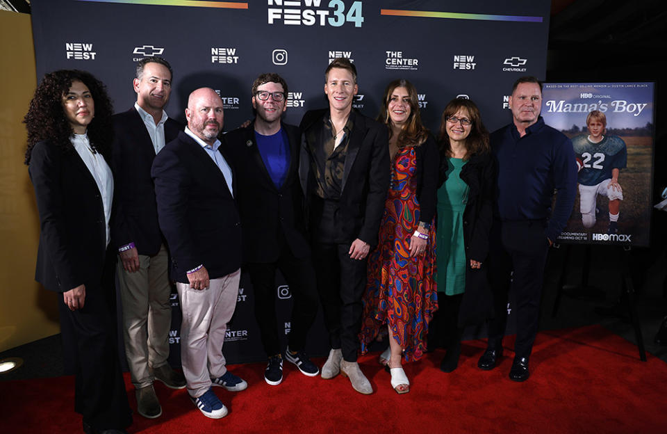 (L-R) Raphaelle Thibaut, Darryl Frank,Justin Falvey, Nick McCarthy, Dustin Lance Black and Mickey Lidell attend the "Mama's Boy" premiere during 2022 NewFest at SVA Theater on October 13, 2022 in New York City.