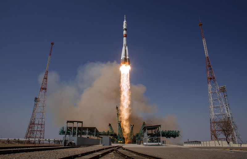 FILE PHOTO: Soyuz MS-18 spacecraft carrying ISS crew blasts off from the launchpad at the Baikonur Cosmodrome