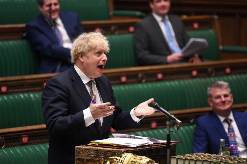 Britain's Prime Minister Boris Johnson speaks during the weekly question time debate at the House of Commons in London