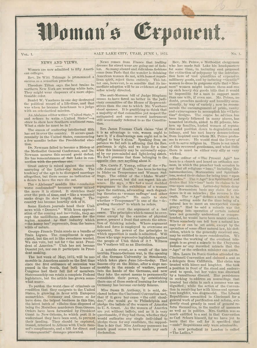 Louisa (Lula) Greene edited this first issue of the Woman’s Exponent (1872–1914), a newspaper produced twice a month by and for Mormon women. The contents included women’s personal essays, short stories, poems, reports on the suffrage movement, articles o