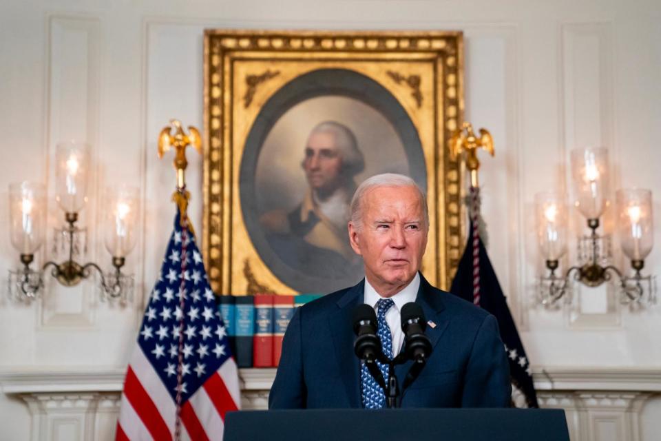 PHOTO: President Joe Biden delivers remarks in the Diplomatic Reception Room of the White House on February 8, 2024 in Washington, DC. (Nathan Howard/Getty Images)