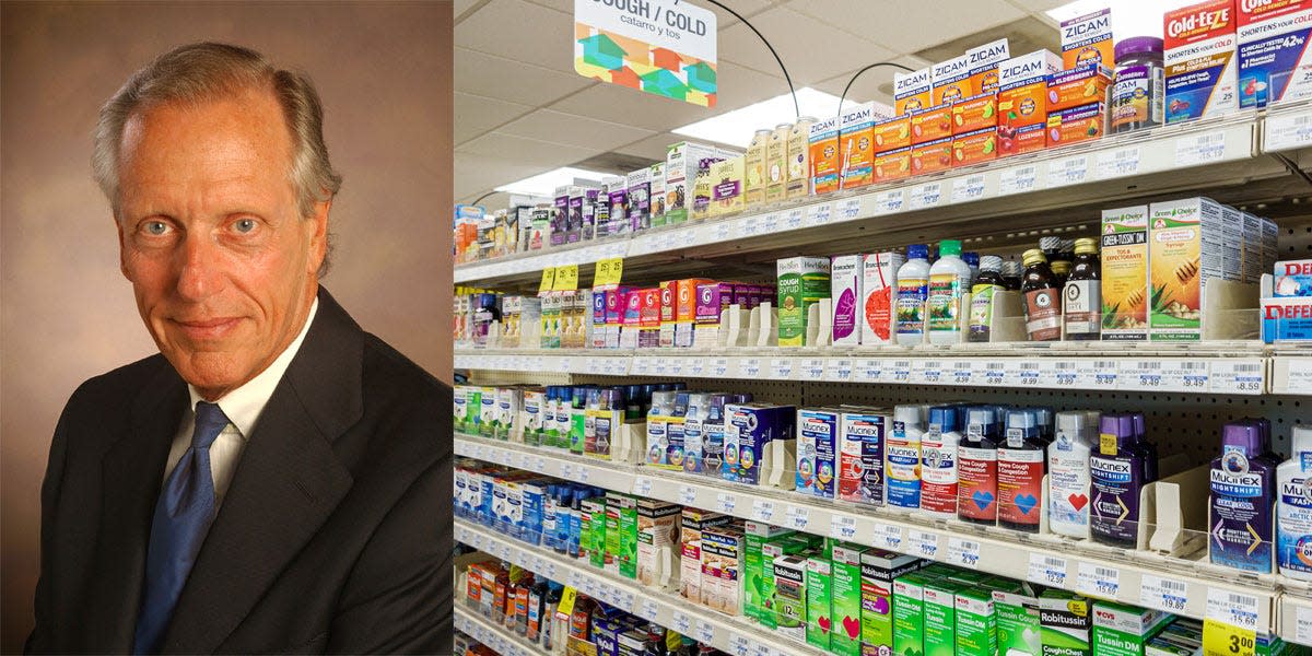 picture of william schaffner in suit side by side with pharmacy cold and flu aisle