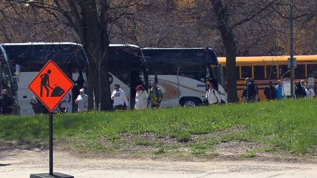 Several buses full of protesters arrived in Montreal on May 1 as people gathered to protest Quebec's public health measures.